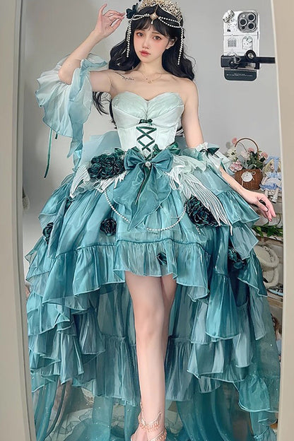 Amber Green [Swan Wonderland] Embroidery Bowknot Lace-Up Short Front Long Back Irregular Sweet Ballet Lolita Jsk Dress
