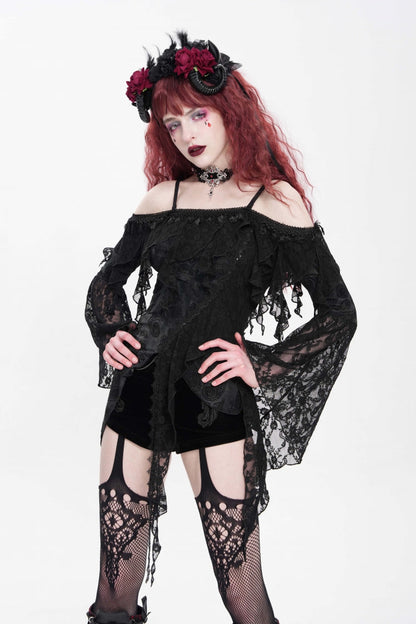 Black Off Shoulder Long Trumpet Sleeves Ruffle Women's Gothic Slip Blouse
