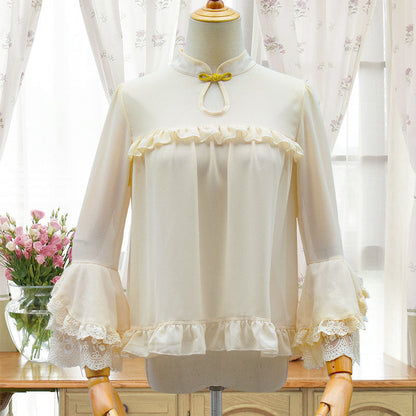 Apricot Chinese Style Cheongsam Stand Collar Lantern Sleeves Lolita Blouse