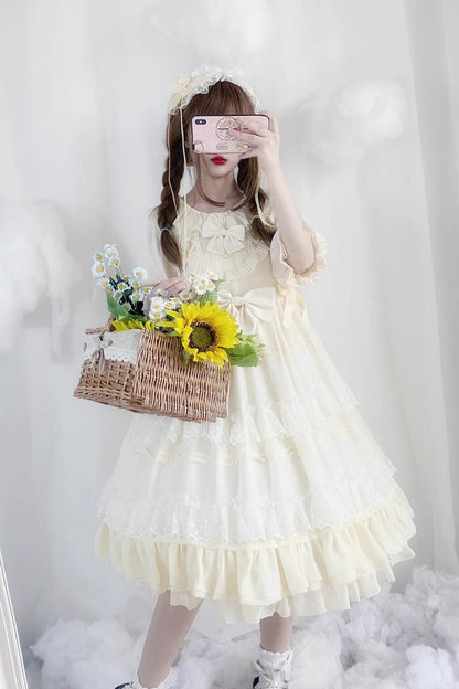 Beige Lace Cool Angel Short Sleeves Bowknot Ruffle Sweet Lolita Dress