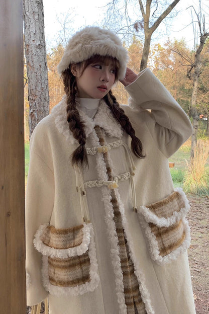 Beige Doll Collar Long Sleeves Plaid Print Stitching Sweet Lolita Coat