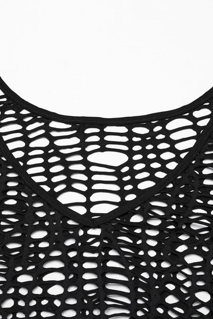 Black Long Sleeves Sheer Mesh Ripped Women's Punk T-Shirt