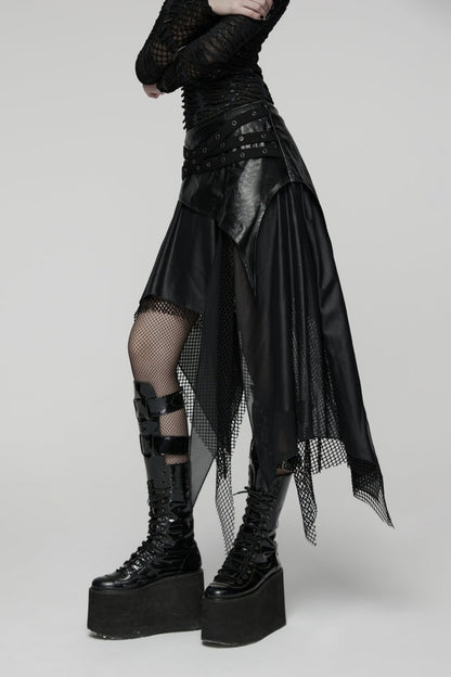 Black Double-Layered Irregular Eyelet Women's Punk rregular Wasteland Skirt