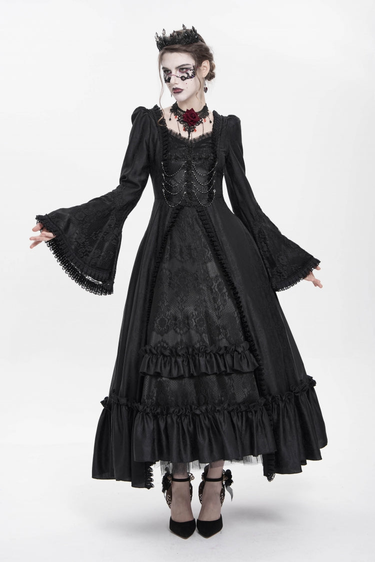 Black Long Sleeves Floral Embroidery Lace-Up Pleated Women's Gothic Dress