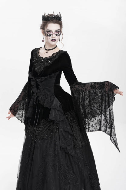 Black Long Sleeves Lace-Up Beaded Pleated Women's Gothic Blouse