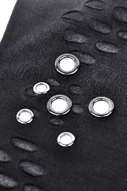 Black Long Sleeves Cut-Out Ripped Zippered Eyelets Women's Punk Distressed Top