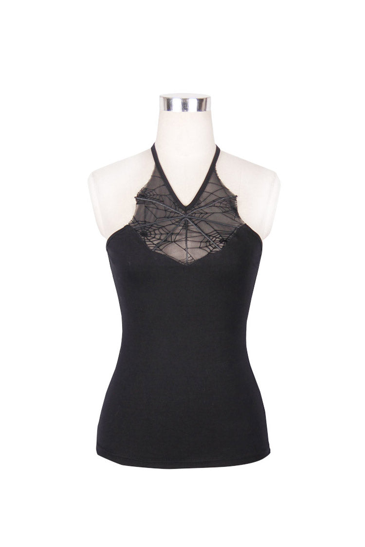 Black Front Chest Spider Web Flocking Printing Mesh Tight Halter Women's Punk Vest