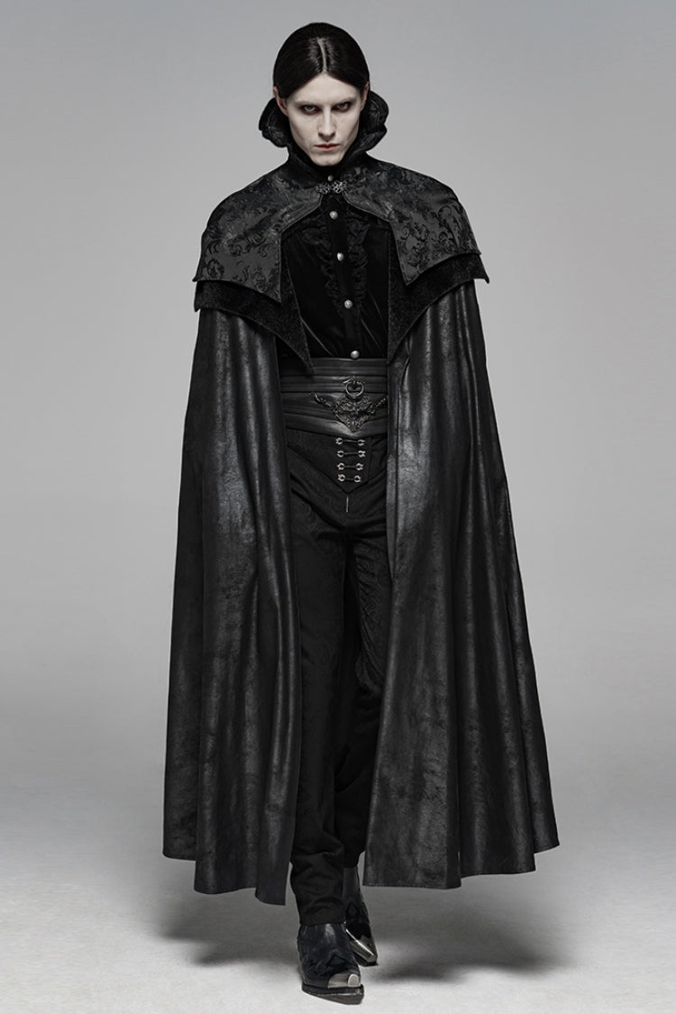 Black Jacquard Stand Collar Stitching Metal Retro Buckle Mens Gothic Cloak