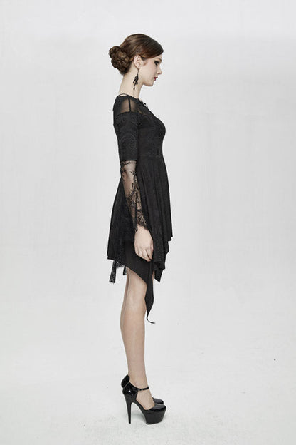 Black Horn Sleeves Off Shoulder Stretchy Knitted Sexy Lace Gothic Womens Dress