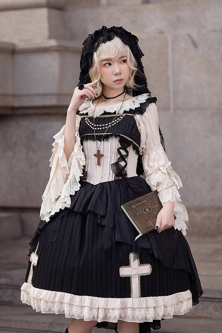 Black Eternal Life Song Print Cross Embroidery Sleeveless Ruffle Gothic Lolita Dress