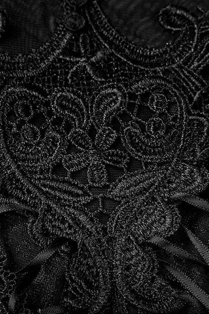 Black High Collar Sleeveless Stitching Lace Lace-Up Mesh Women's Gothic T-Shirt