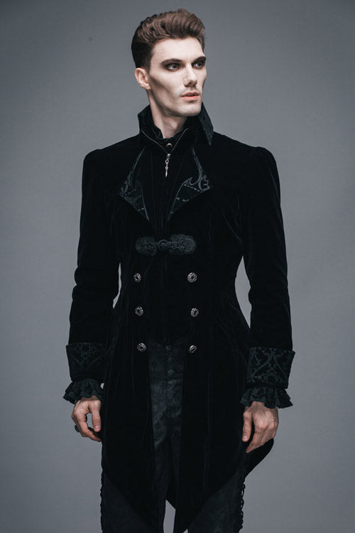 Black Embroidered Collar Long Sleeves Mens Velveteen Tuxedo Gothic Coat