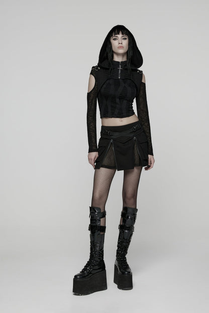 Black Lace-Up Zippered Women's Punk Cool  Big Pockets Techwear Skirt