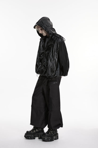 Black Lapel Collar Long Lantern Sleeves Lace-Up Hooded Mesh Zippered Men's  Punk Cool Jacket