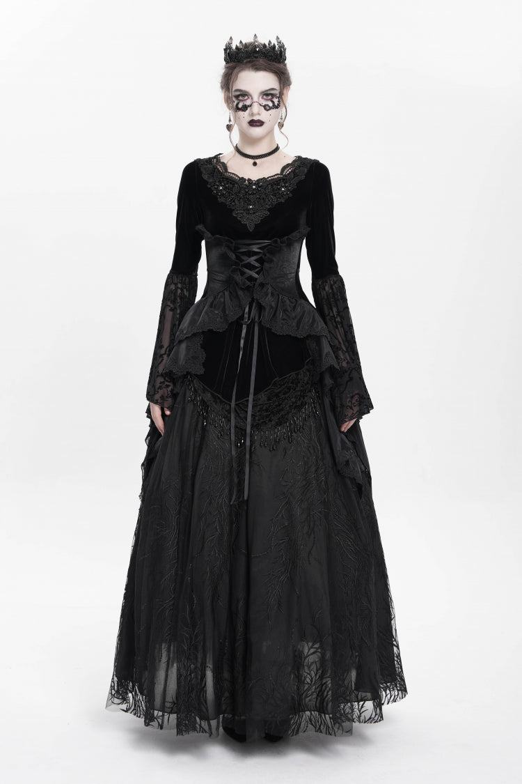 Black Long Sleeves Lace-Up Beaded Pleated Women's Gothic Blouse