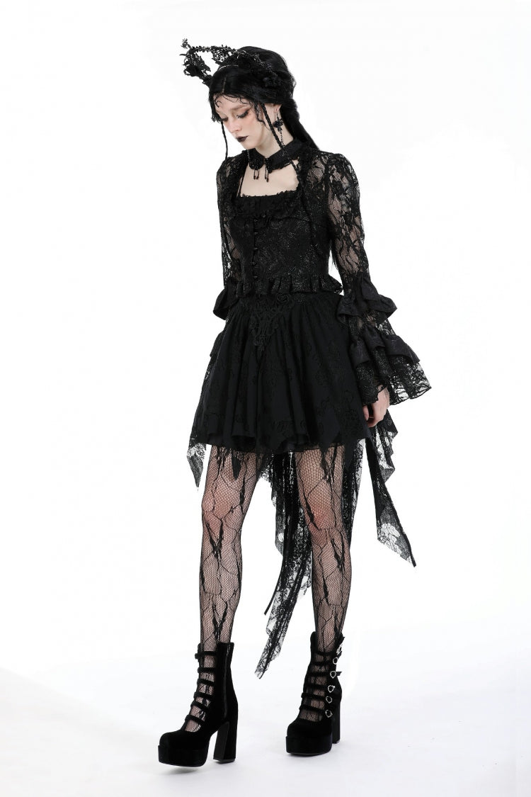 Black Multi-Layered Long Trumpet Sleeves Lace Lace-Up Women's Gothic Top