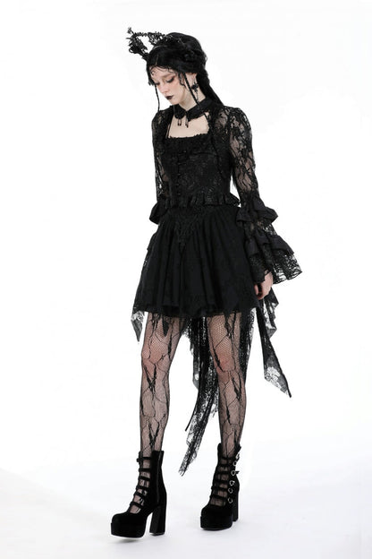 Black Multi-Layered Long Trumpet Sleeves Lace Lace-Up Women's Gothic Top