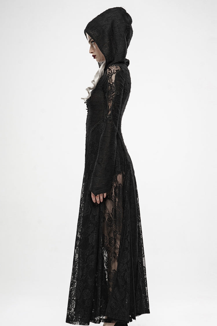 Black Long Trumpet Sleeves Metal Zipper Lace Hooded Womens Gothic Dress