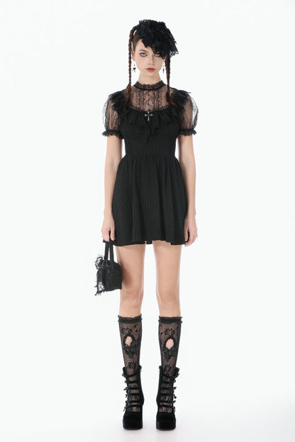 Black Lace Short Sleeves Cross Ruffled Women's Gothic Graduation Dress