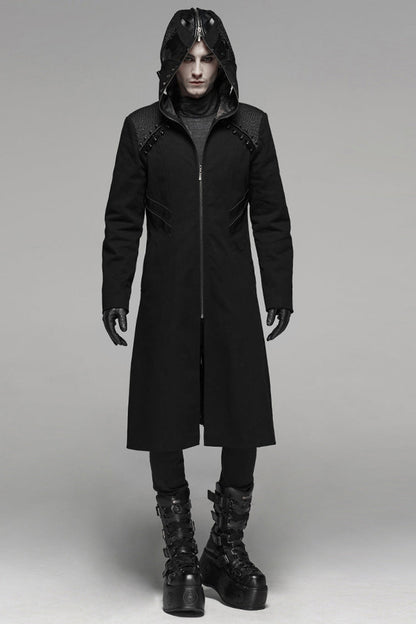 Black Long Sleeves Hooded Rivet Men's Punk Military Long Jacket