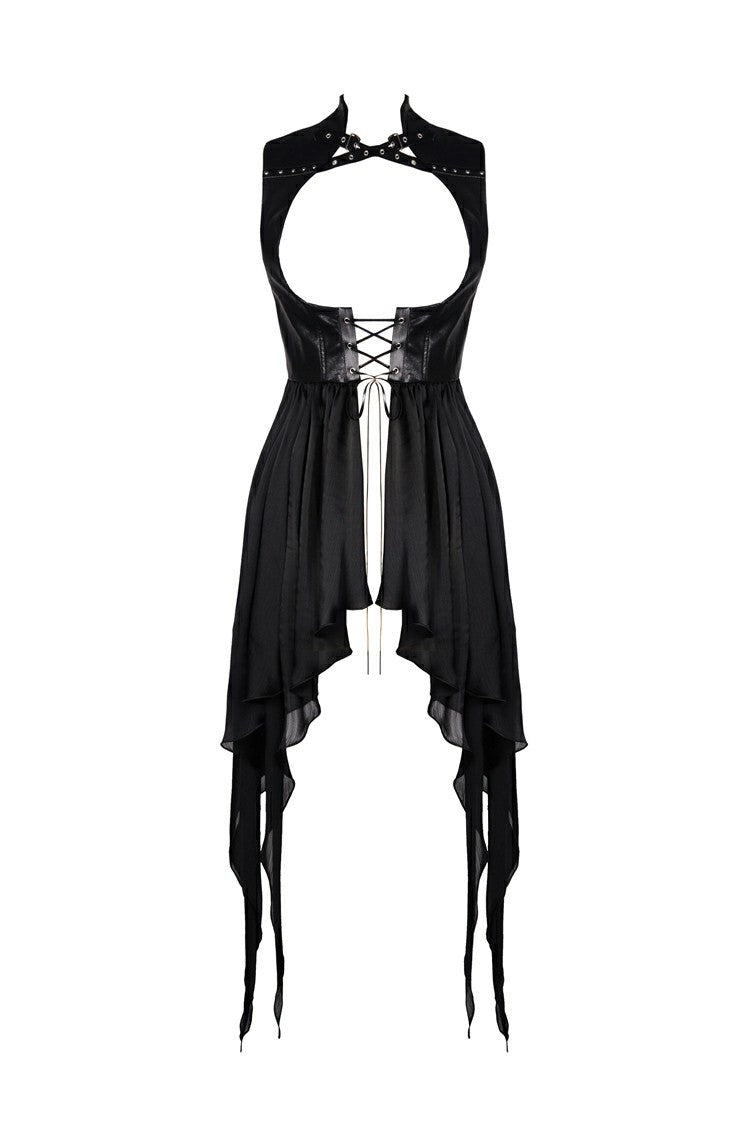 Black Chiffon Sleeveless Cut-Out Chest Irregular Hem Lace-Up Buckled Women's Punk Jacket