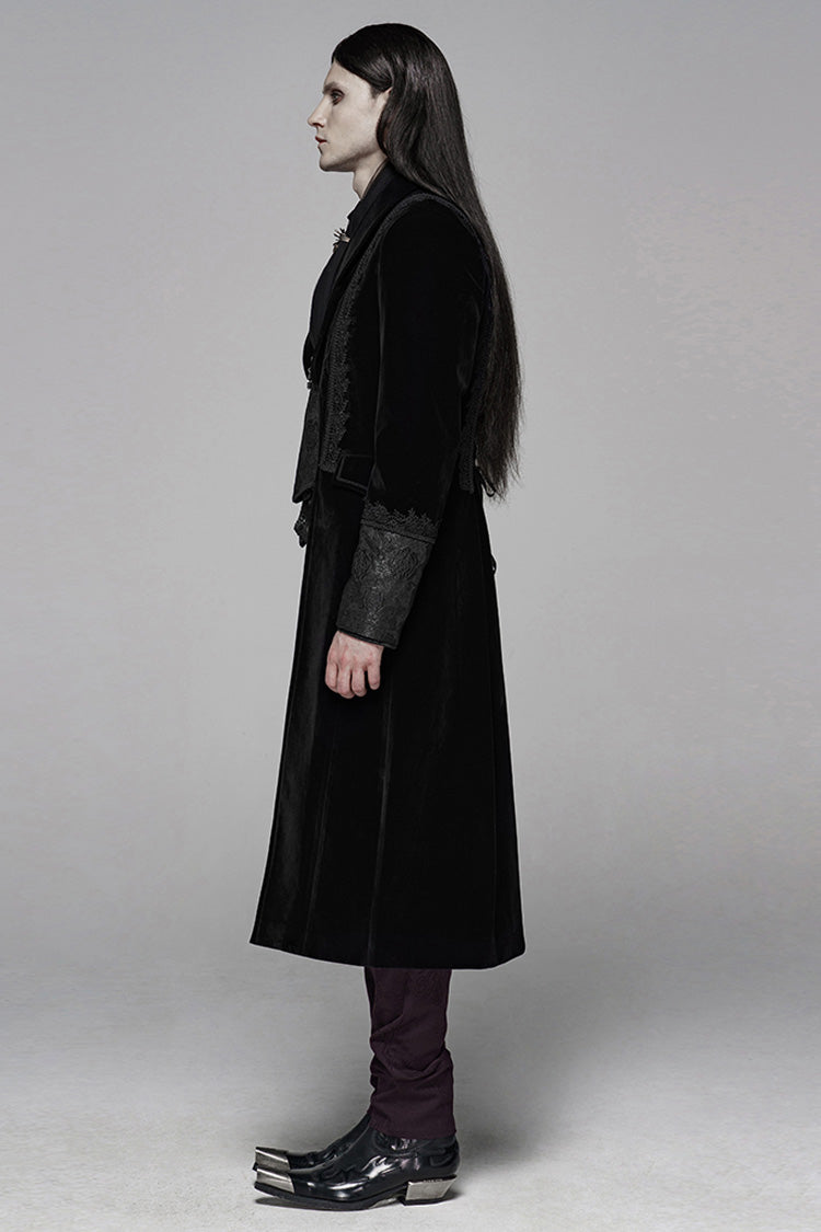 Black Long Sleeves Jacquard Lace-Up Slim Men's Gothic Long Coat