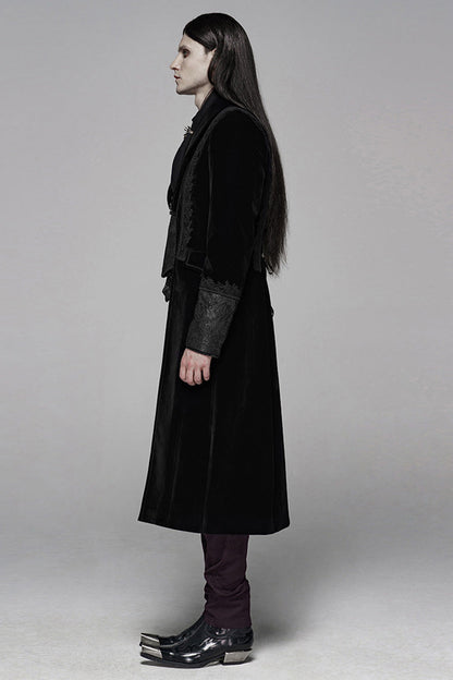 Black Long Sleeves Jacquard Lace-Up Slim Men's Gothic Long Coat