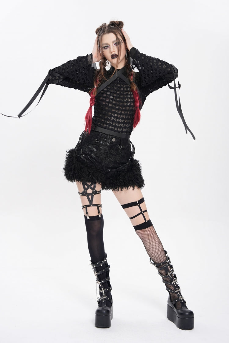 Black Plush Stitching Buckle Straps Women's Punk Shorts