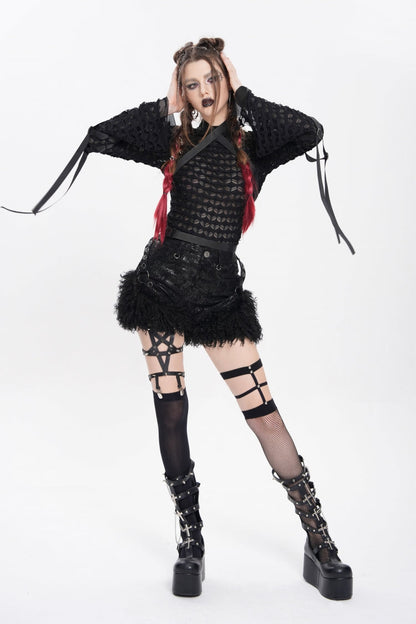 Black Plush Stitching Buckle Straps Women's Punk Shorts