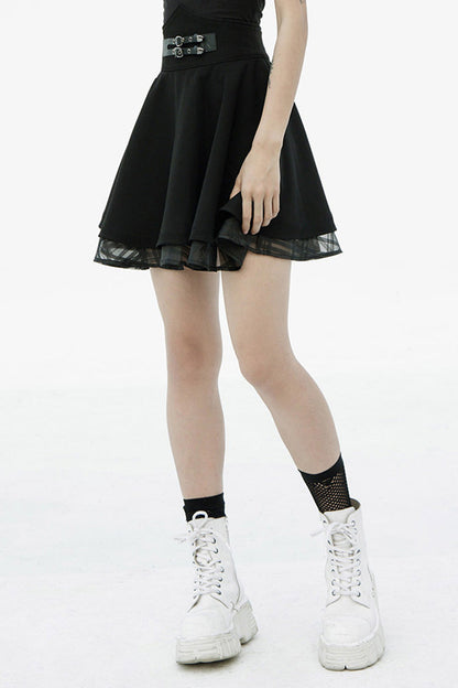 Black Front Metal Buckle Loops High Waist Splice Mesh Women's Punk Skirt