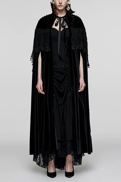 Black Bat Stand Collar Stitching Lace Nails Decorated Womens Gothic Cloak