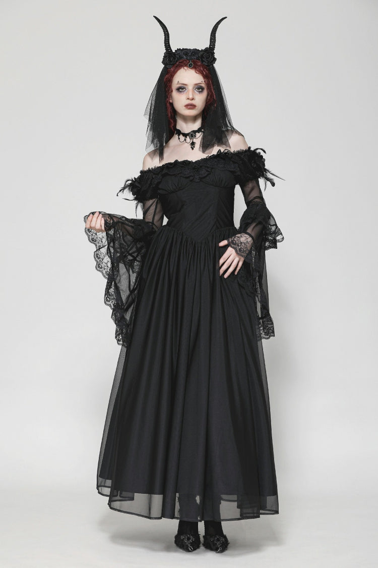 Black Off Shoulder Boat Neck Multi-Layered Long Trumpet Sleeves Lace Spliced Tulle Lace-Up Women's Gothic Fantasy Dress