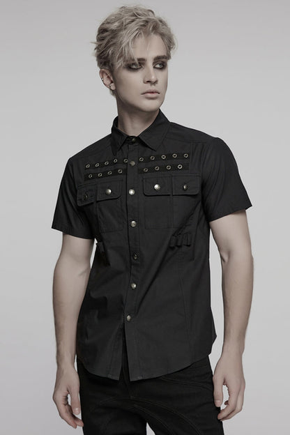 Black Lapel Collar Short Sleeves Men's Pocket Eyelet Punk Blouse