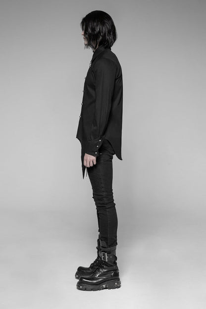 Black Long Sleeve Front Metal Pattern Buckle Sharp Corner Hem Men's Gothic Shirt