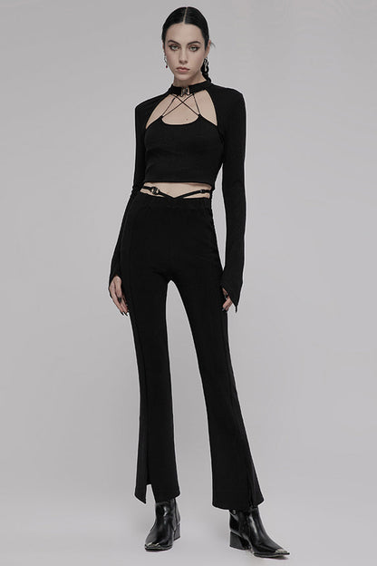 Black Hollow V-Shaped Decorative Bottom Slit Strap Micro Flare Women's Punk Pants