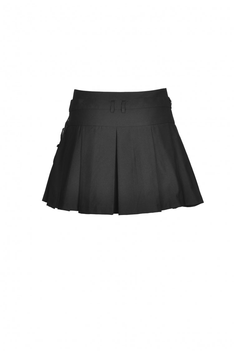 Black Pleated Big-pocket Chain-Decorated Women's Punk Mini Skirt with Belt
