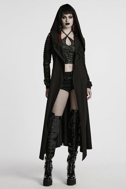 Black Long Sleeves Hooded Ripped Buckle Women's Punk Long Coat