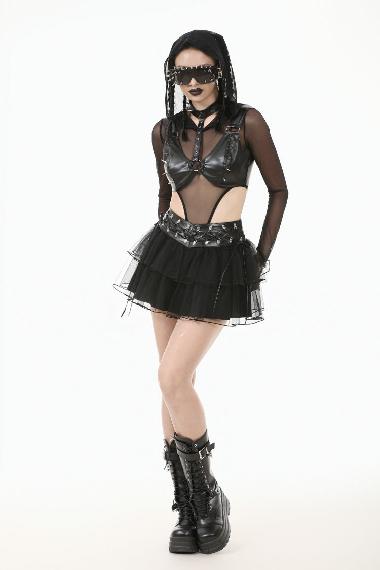 Black Metal Studded Women's Punk Faux Leather Bustier Crop Top with Adjustable Clasps