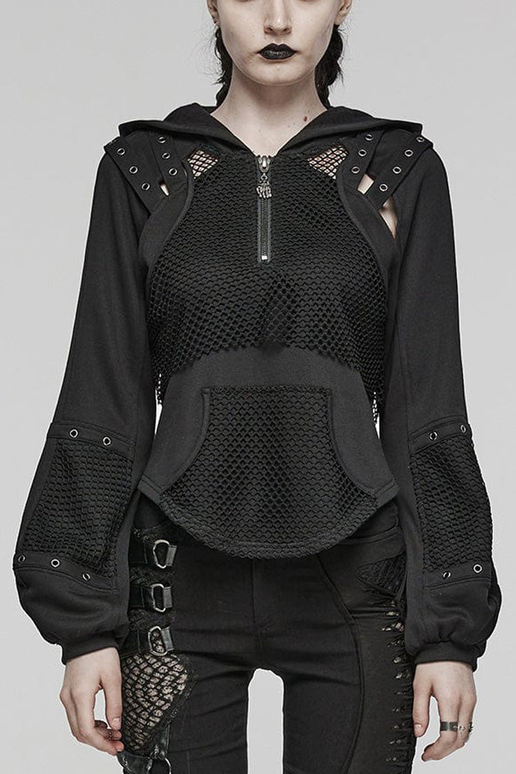 Black Long Sleeves Hollow Mesh Stitching Hooded Womens Steampunk Blouse