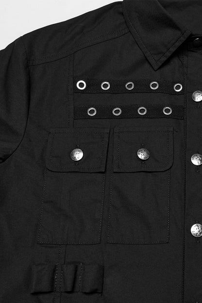 Black Lapel Collar Short Sleeves Men's Pocket Eyelet Punk Blouse