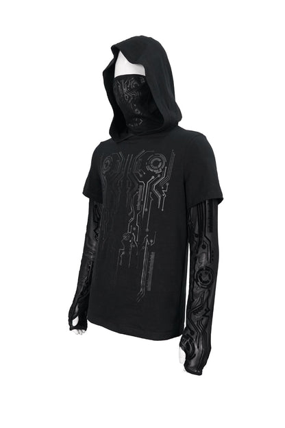 Black Paneled Mesh Long Sleeve Super High Collar Masked Circuit Diagram Printed Hooded Knitted Men's Punk T-Shirt