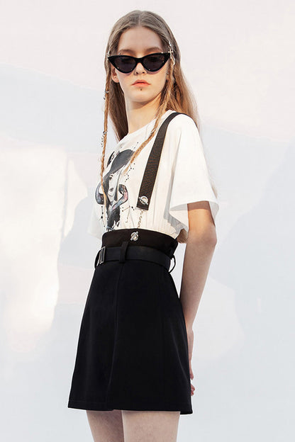 Black Metal Ring Shoulder-Strap Buckle Belt Split Hem A-Shaped Women's Punk Skirt
