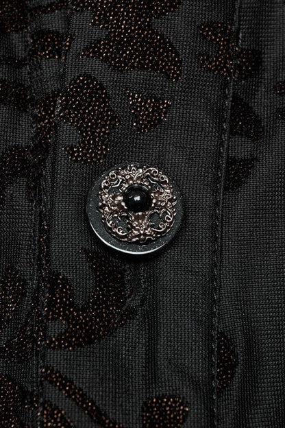 Black Lapel Collar Long Trumpet Sleeves Bronzing Pattern Print Mens Gothic Gorgeous Blouse