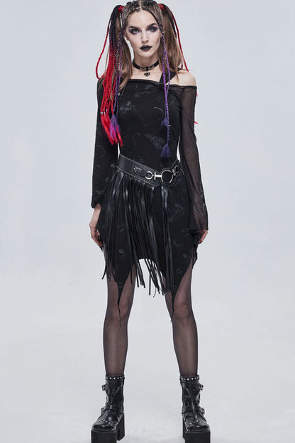 Black Gothic Off-The-Shoulder Graphic-Print Asymmetric Design Splicing Mesh Women's Dress