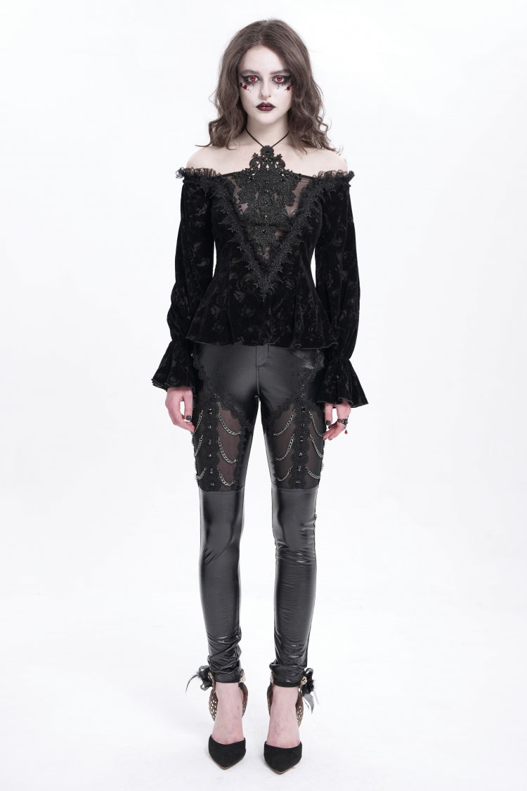 Black Off Shoulder Hollow Embroidery Women's Gothic Blouse