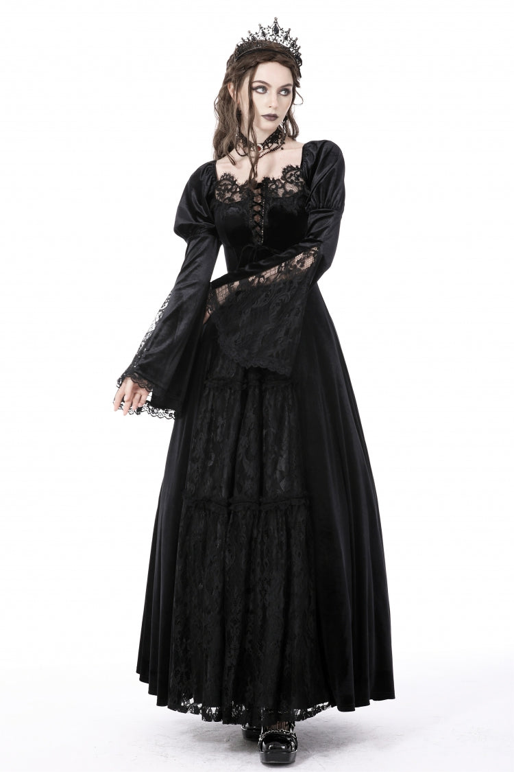 Black Long Puff Sleeves Spliced Lace Lace-Up Women's Gothic Vintage Velvet Wedding Dress