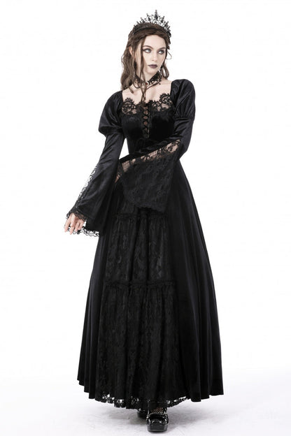 Black Long Puff Sleeves Spliced Lace Lace-Up Women's Gothic Vintage Velvet Wedding Dress
