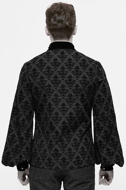 Black Court Pattern Flocking Lantern Sleeves Mens Gothic Blouse