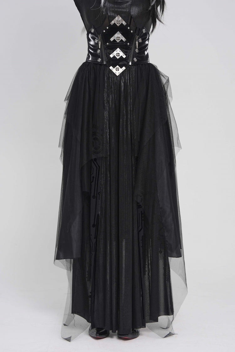 Black Multi-Layered Lace-Up Slim Irregular Asymmetric Eyelet Women's Gothic Long  Skirt