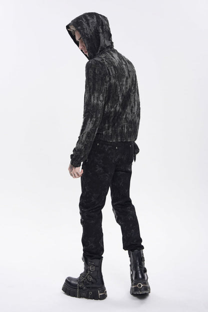 Black Long Sleeves Spliced Hooded Mesh Ripped Faux Two-Piece Zippered Eyelet Men's Punk T-Shirt
